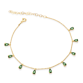 Minimalist Emerald CZ Stone Pear Shape Shaker Anklet