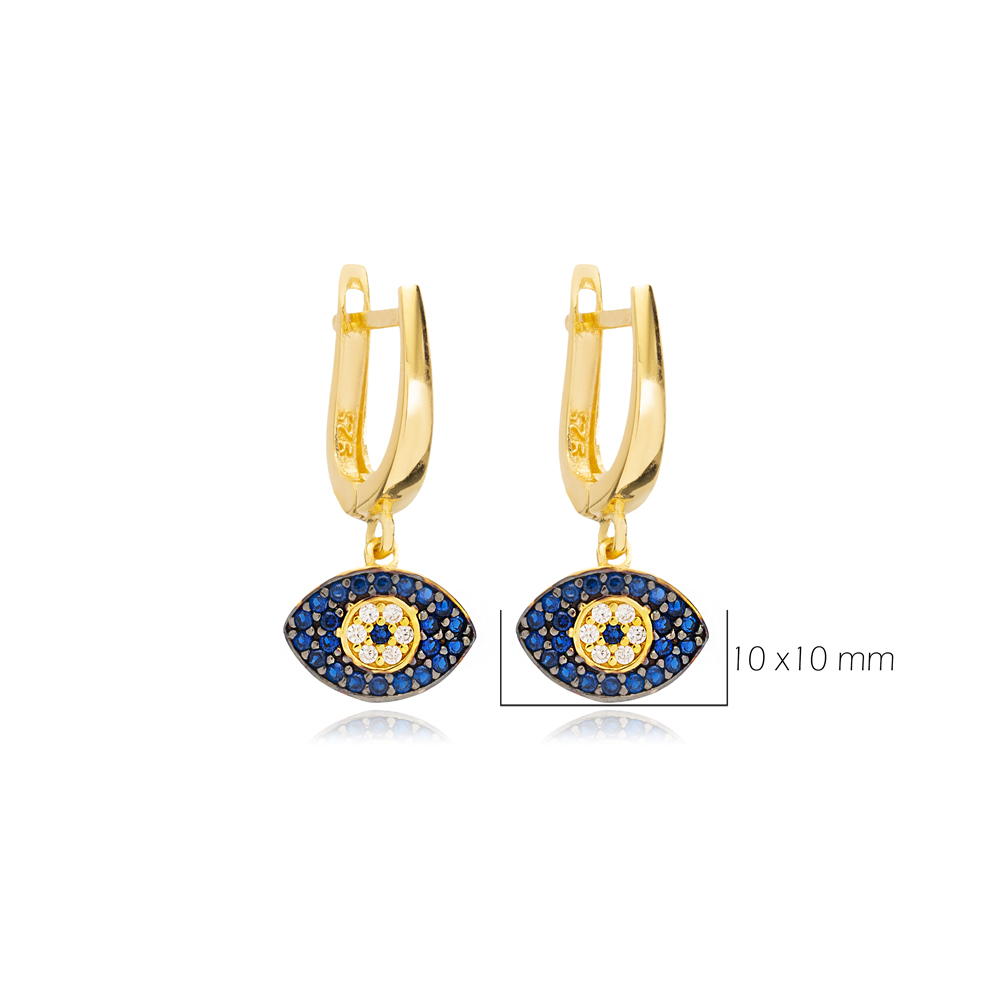 Sapphire Stone Minimalist Evil Eye Design Turkish Wholesale Handmade 925 Sterling Silver Dangle Earrings