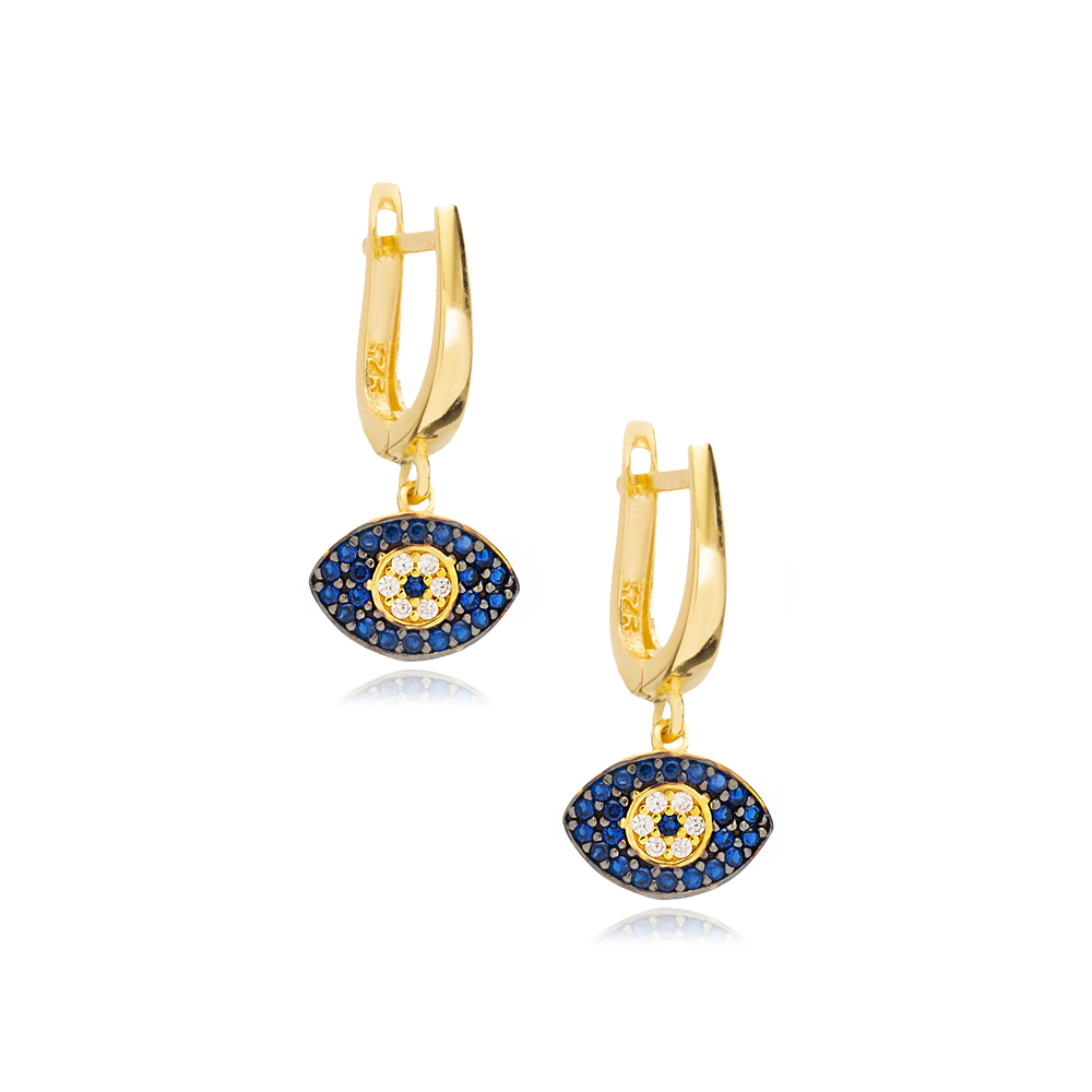 Sapphire Stone Minimalist Evil Eye Design Turkish Wholesale Handmade 925 Sterling Silver Dangle Earrings