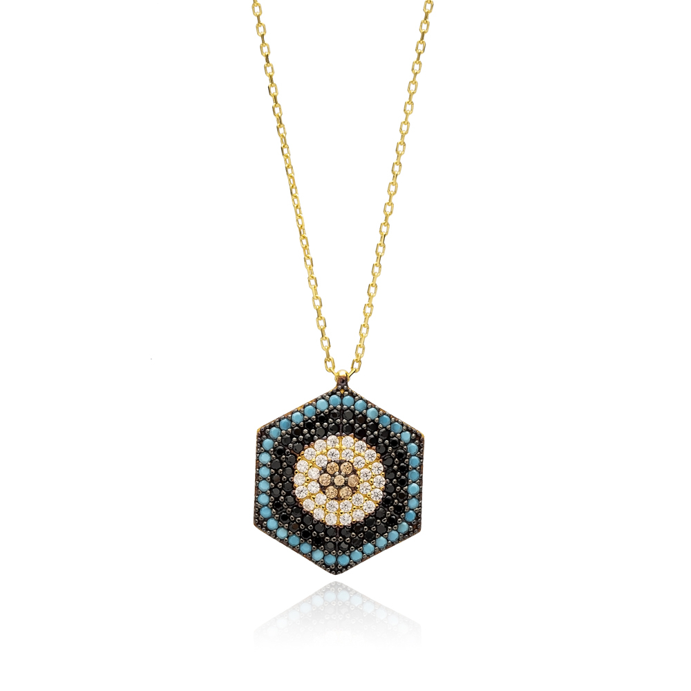 Evil Eye Hexagon Pendant Turkish Wholesale Sterling Silver Jewelry