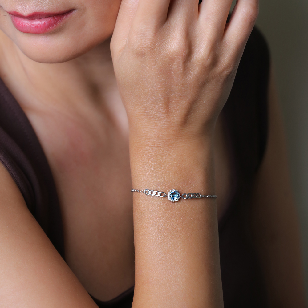 Aquamarine CZ Stone Round Shape Charm Bracelet Turkish Handmade Wholesale 925 Sterling Silver Jewelry