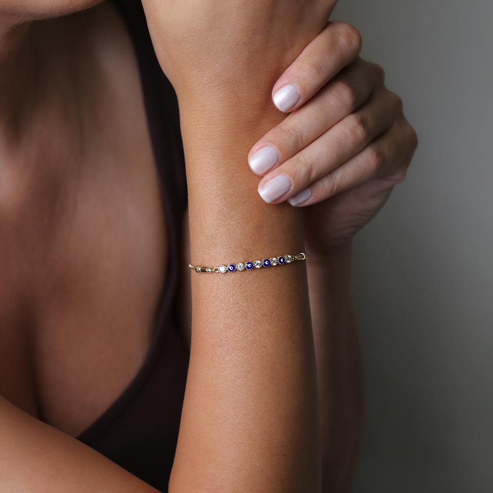 CZ and Evil Eye Enamel Wholesale Silver Adjustable Bracelet