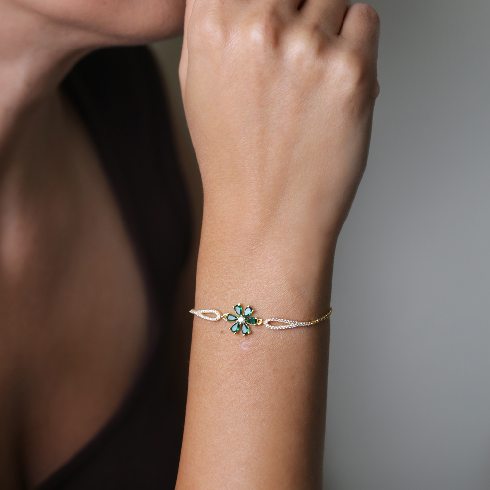 Emerald CZ Stone Flower Design Silver Wholesale Charm Bracelet