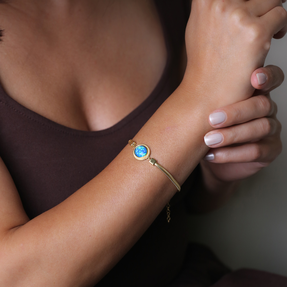 Blue Opal Oval Charm Silver Bracelet