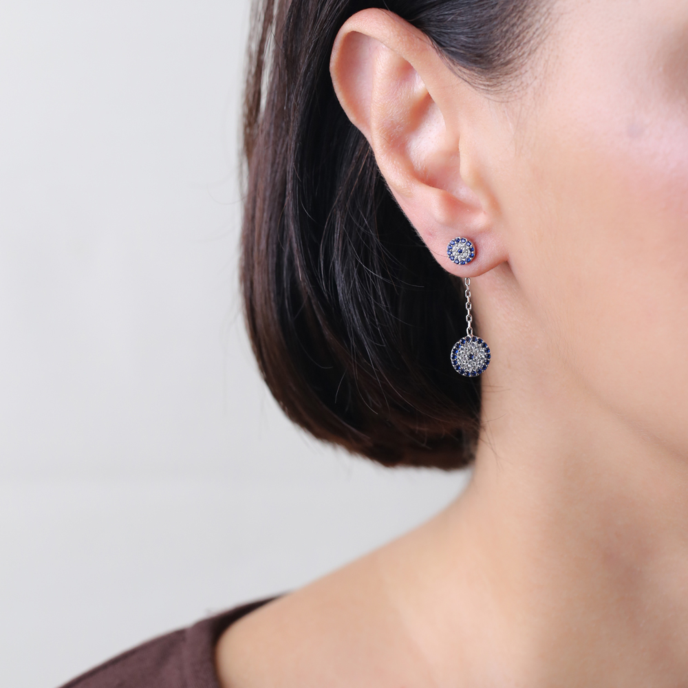 Evil Eye Design 925 Silver Long Earrings
