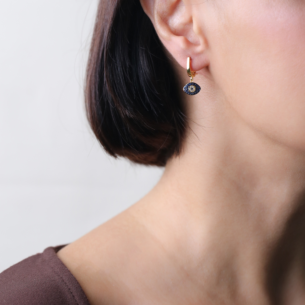 Sapphire Stone Minimalist Evil Eye Design Turkish Wholesale Handmade 925 Sterling Silver Dangle Earrings