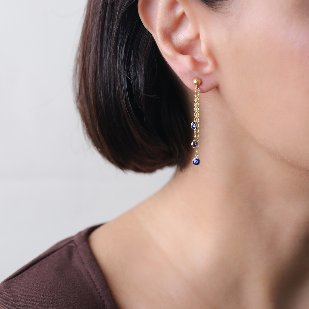 Navy Blue Evil Eye Long Stud Earrings