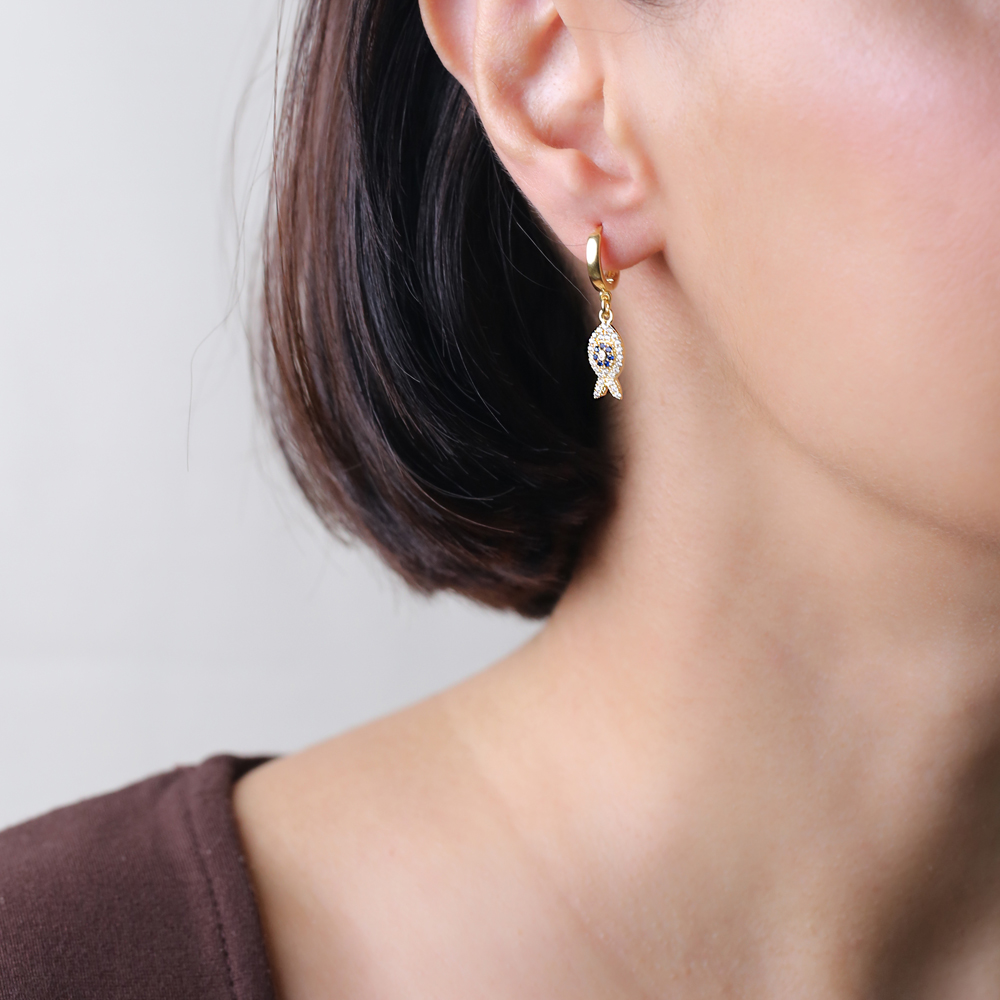 Fish Sapphire CZ Dangle  Earrings Wholesale 925 Sterling Silver