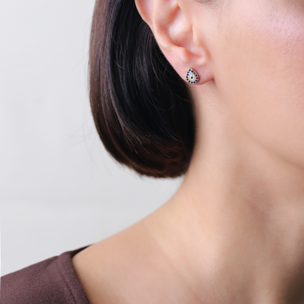 Sapphire Pear Tiny Stud Silver Earrings