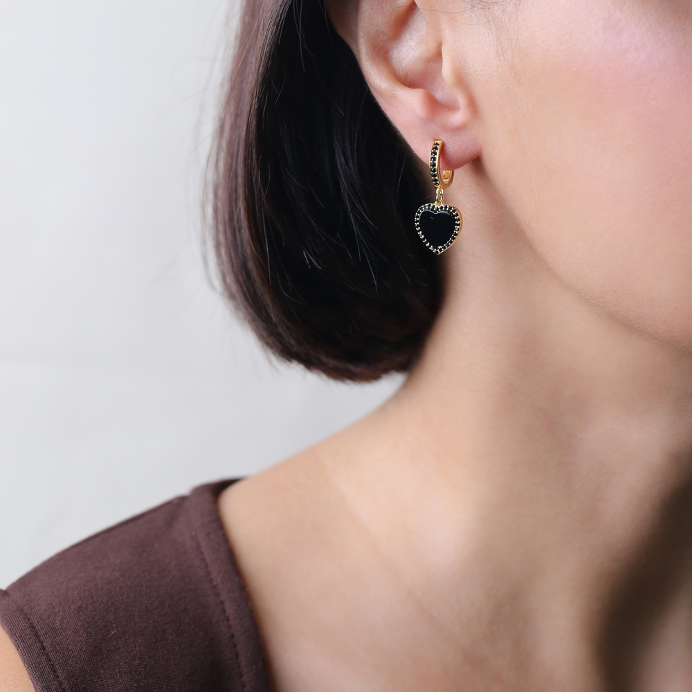 Mother Of Pearl Heart Design Black Zircon Stone Dangle Earrings Turkish Wholesale 925 Silver Jewelry
