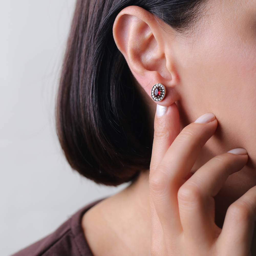 Oval Shape Garnet CZ Stone Authentic Stud Earrings Turkish Handmade Wholesale Jewelry 925 Sterling Silver Earrings