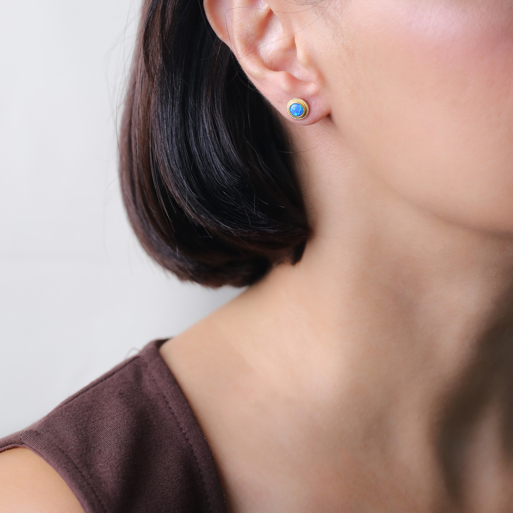 Round Blue Opal 925 Silver Stud Earrings