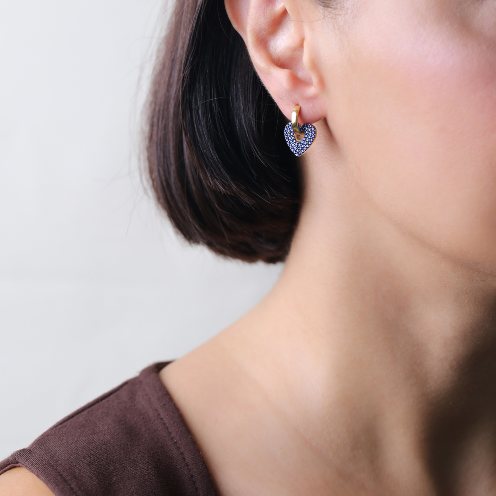 Sapphire CZ Stone Dainty Heart Design Dangle Hoop Earrings 925 Sterling Silver Jewelry