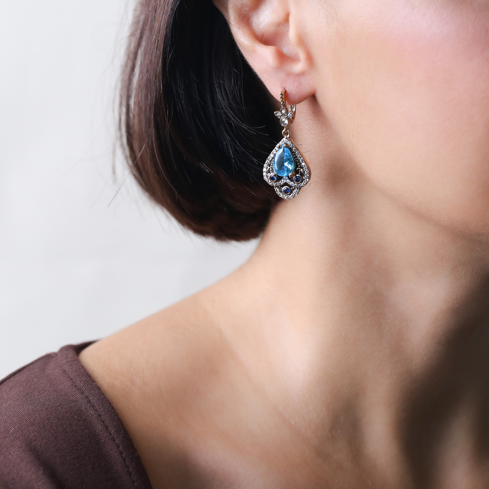 Aquamarine CZ Pear Ottoman Style Authentic Silver Earrings