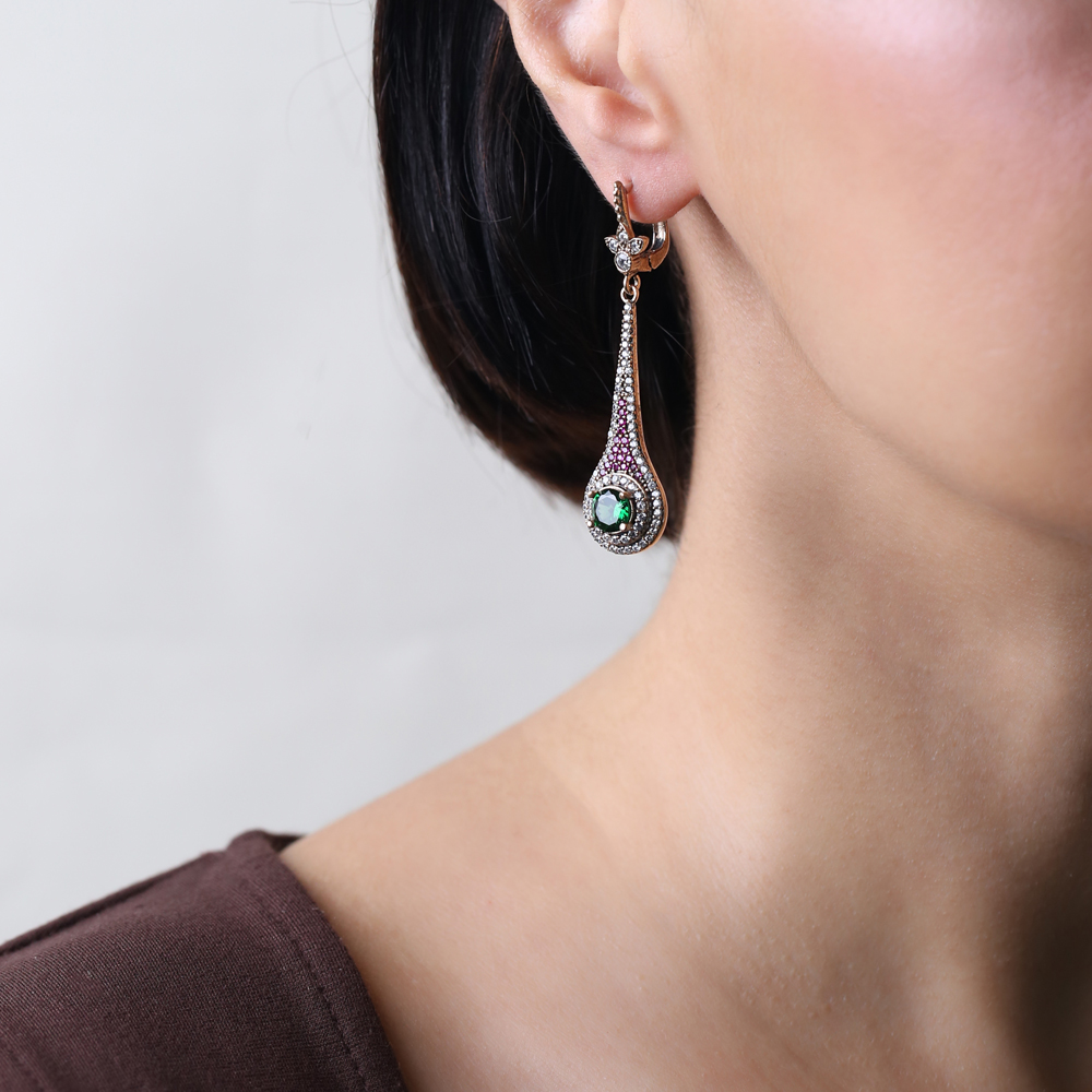 Round Emerald CZ Ottoman Style Authentic Silver Earrings