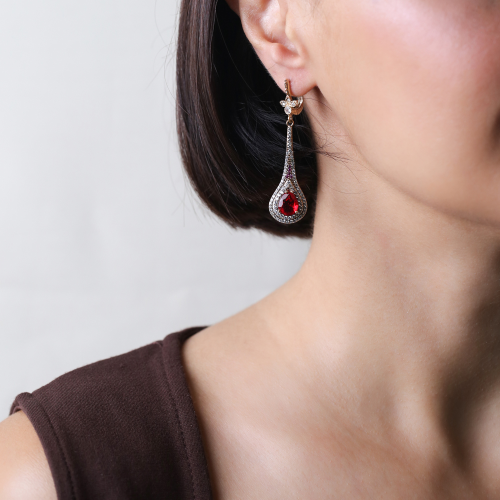 Ruby CZ Pear Drop Design Authentic Ottoman Silver Earrings