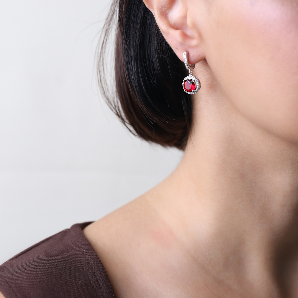 Round Design Garnet CZ Stones Silver Dangle Earrings