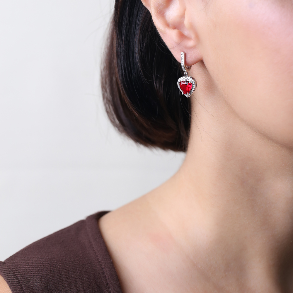 Garnet CZ Stone Heart Shape Silver Dangle Earrings