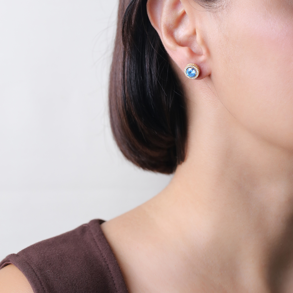 Round Design Aquamarine Cz Stone Turkish Silver Stud Earrings