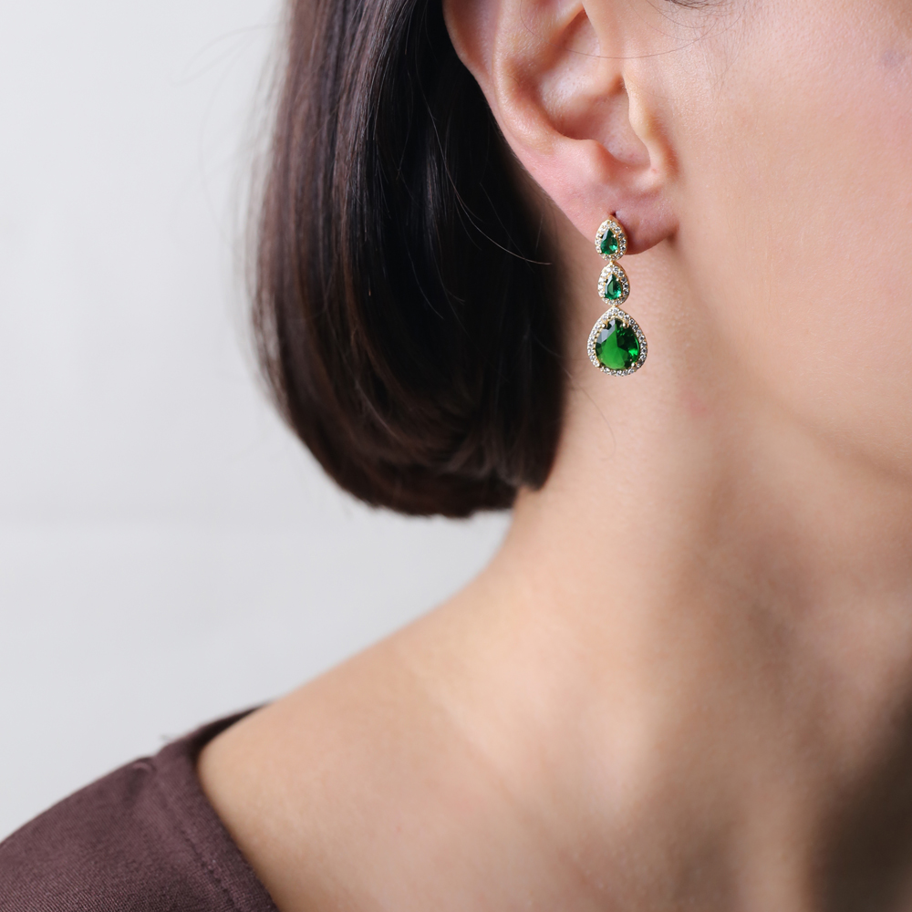 Emerald CZ Stone Pear Sterling Silver Cluster Stud Earrings