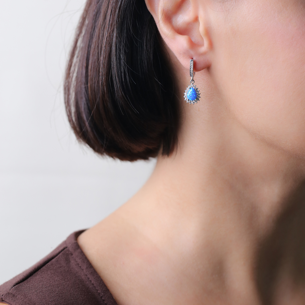 Pear Cut Blue Opal CZ Design Turkish Silver Dangle Earrings