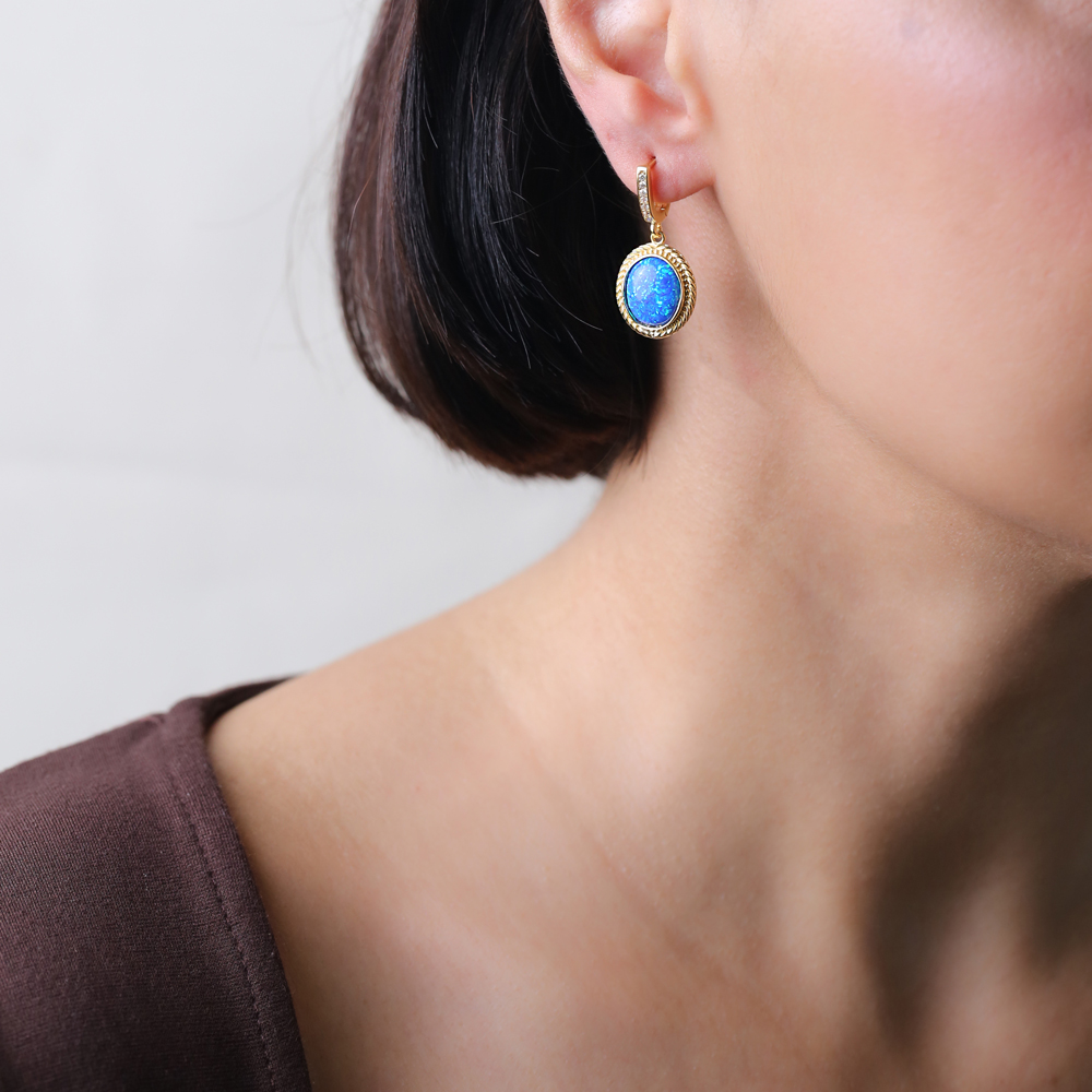 Blue Opal Oval Charm Dangle Earring