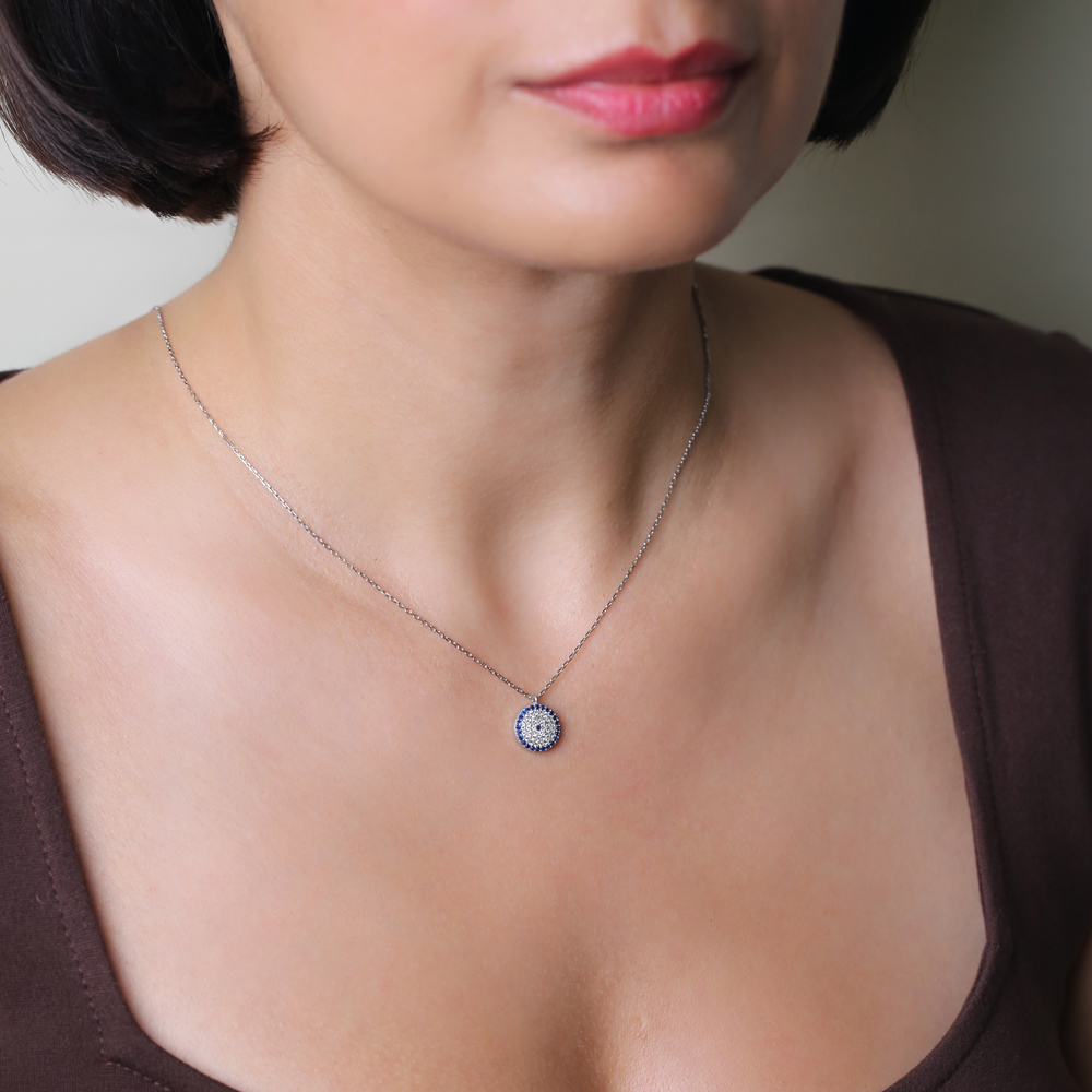 Turkish Evil Eye CZ Stone Charm Necklace 925 Silver Jewelry