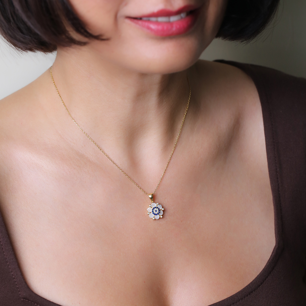 Flower Mother of Pearl Stone Evil Eye Silver Charm Necklace