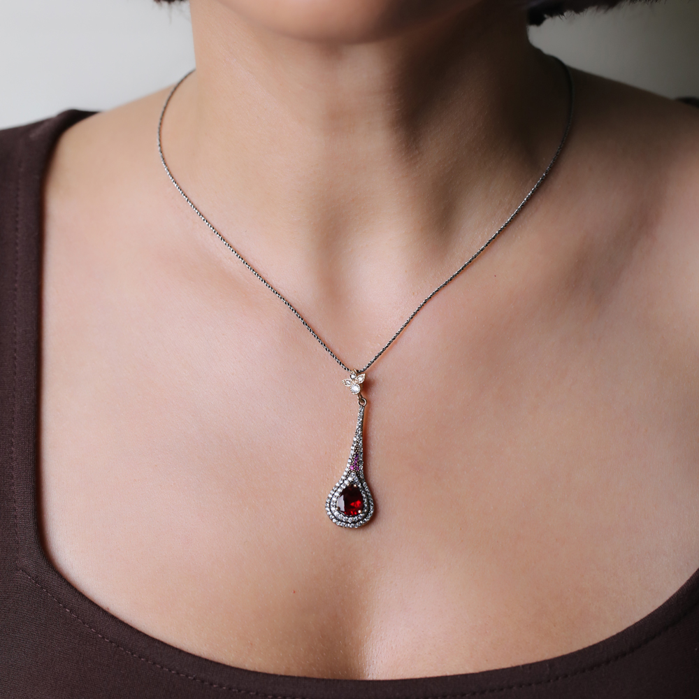 Ruby CZ Pear Stone Authentic Handmade Pendant Necklace