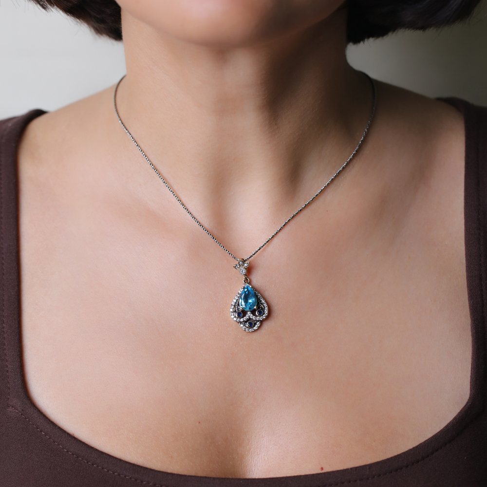 Aquamarine CZ Ottoman Pear Drop Authentic Silver Pendant