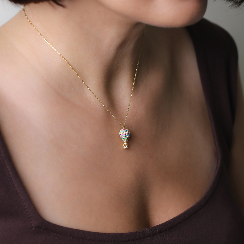 Rainbow CZ Hot Air Balloon Charm 925 Silver Charm Necklace