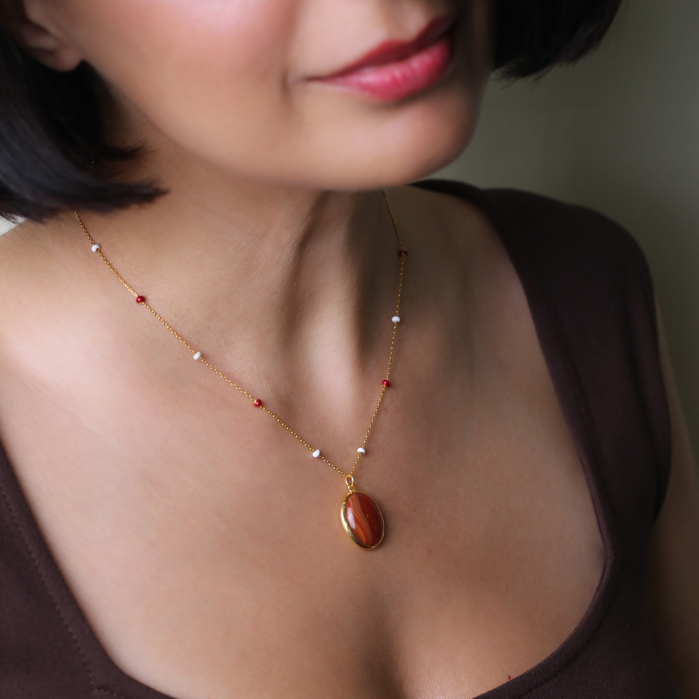 Oval Tiger Eye Quartz 22K Gold Bezel Silver Charm Necklace