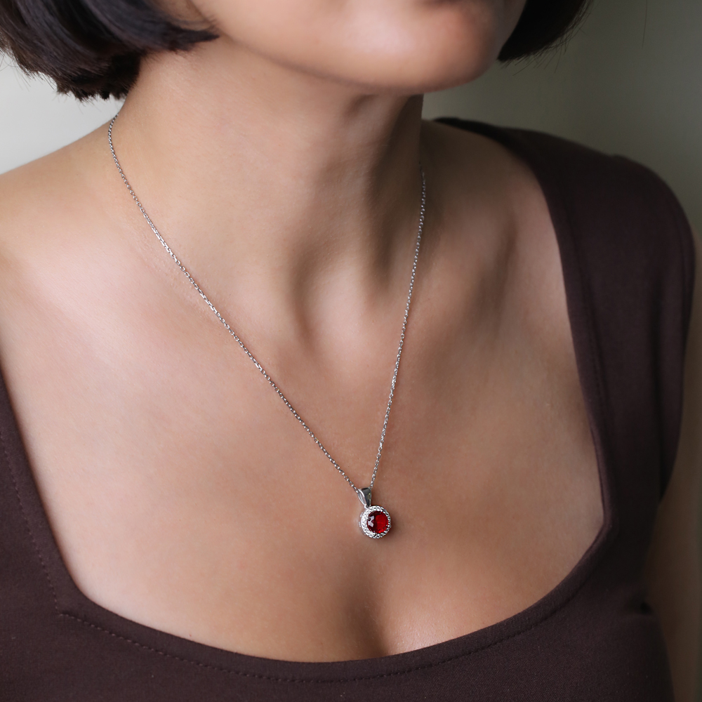 Garnet CZ Stones Round Design Silver Charm Necklace