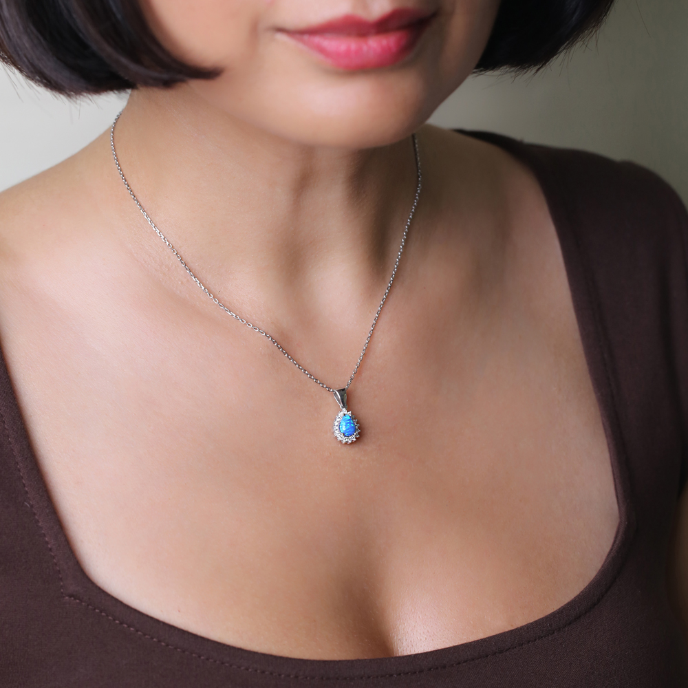 Pear Cut Design CZ Blue Opal Wholesale Silver Charm Necklace