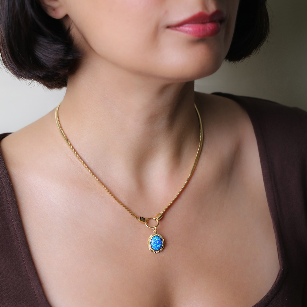 Blue Opal Herringbone 925 Chain Necklace