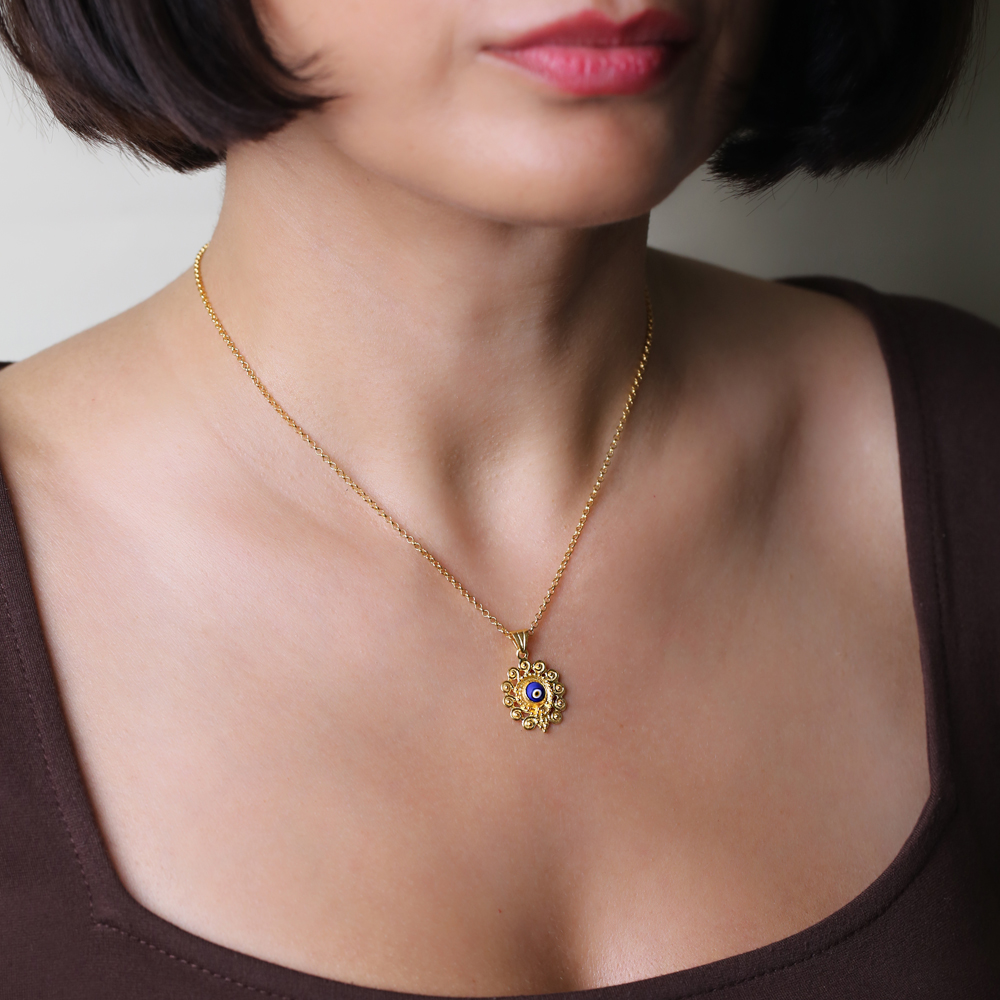 22K Dark Blue Glass Evil Eye Vintage Necklace
