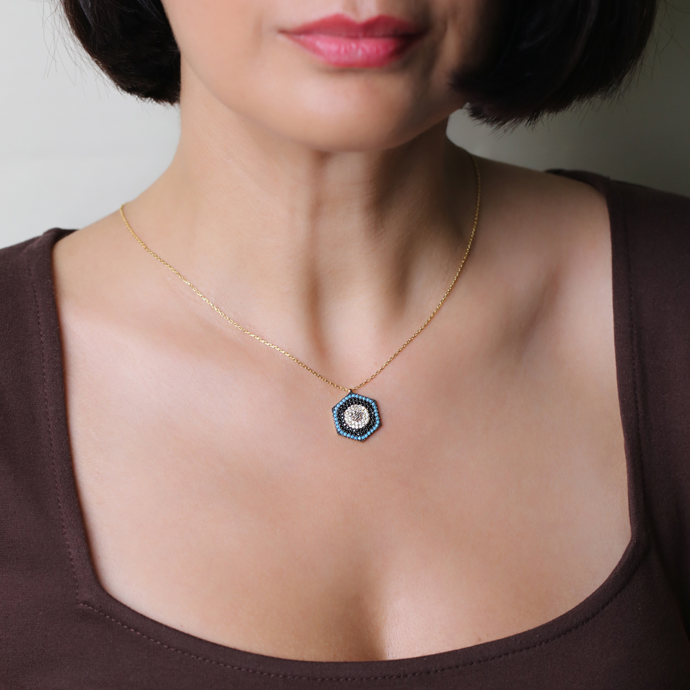 Evil Eye Hexagon Pendant Turkish Wholesale Sterling Silver Jewelry