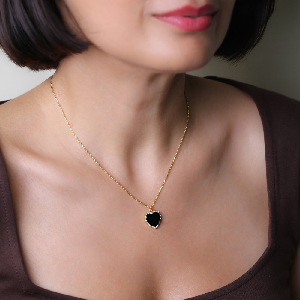 Black Onyx Heart Zircon Stone Charm Necklace Turkish Handcrafted Wholesale 925 Sterling Silver Jewelry