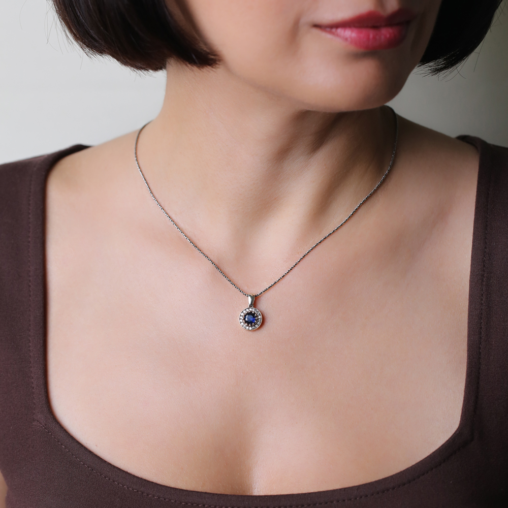 Round Shape Sapphire CZ Stone Authentic Pendant Charm Turkish Handmade Wholesale 925 Sterling Silver Jewelry