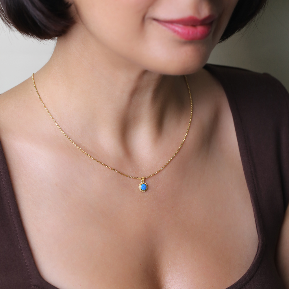 Blue Opal Round Tiny Charm Necklace Pendant