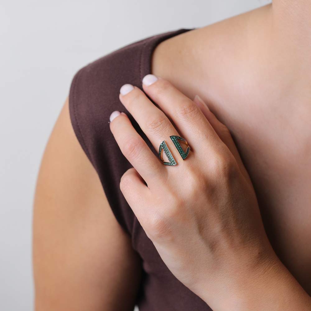 Emerald Zircon Stone Adjustable Ring Turkish Wholesale Handcrafted Sterling Silver Jewelry