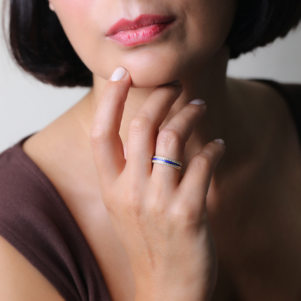 Dark Blue Color Enamel White CZ Stone Cluster Ring Handmade Wholesale 925 Sterling Silver Jewelry