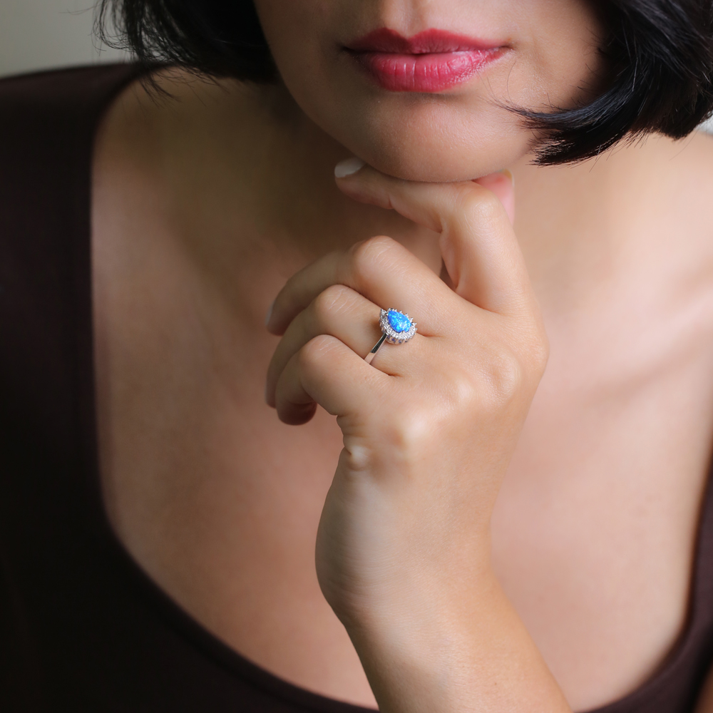 CZ Stone Pear Solitaire Blue Opal Silver Cluster Ring