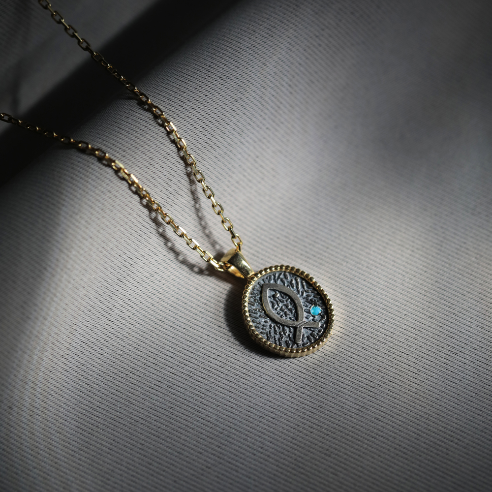 Ancient Fish Design 925 Silver Charm Necklace