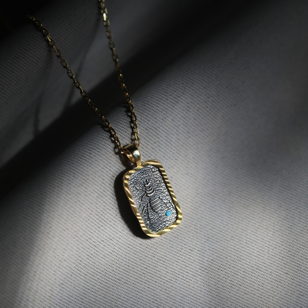 Bee Fossil Evil Eye Design Charm Necklace