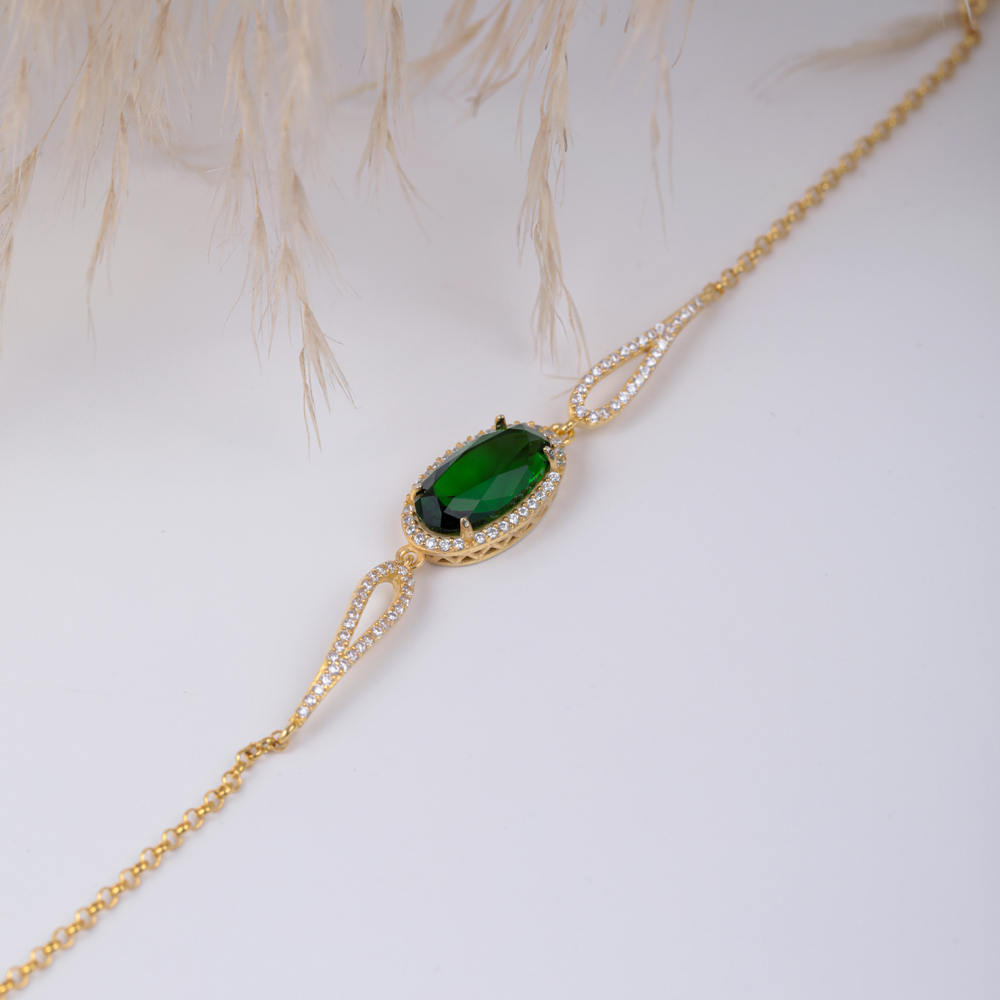 Oval Cut Emerald CZ Charm Bracelet