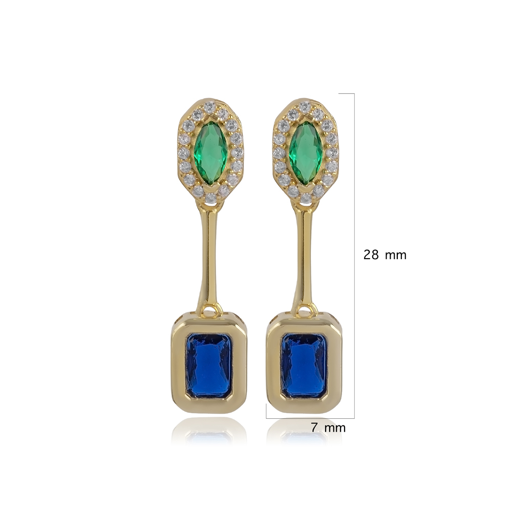 Square Cut Sapphire And Green Stone Earring