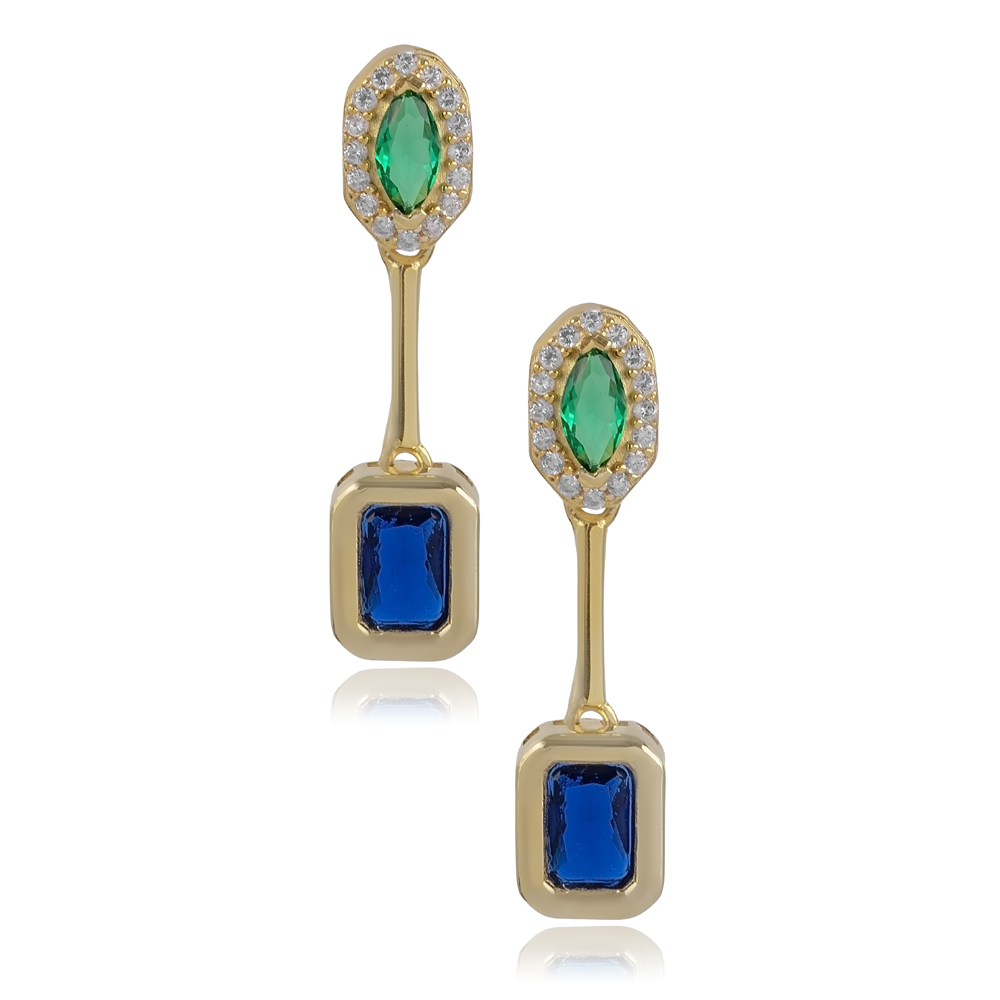 Square Cut Sapphire And Green Stone Earring