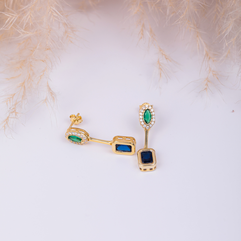 Square Cut Sapphire And Green Stone Earring