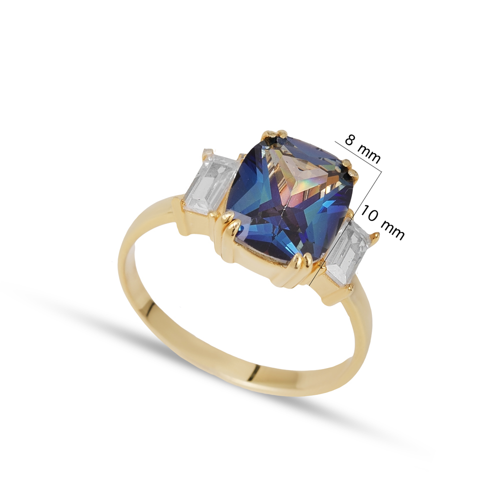 Square Blue Topaz Baguette CZ Stone Ring